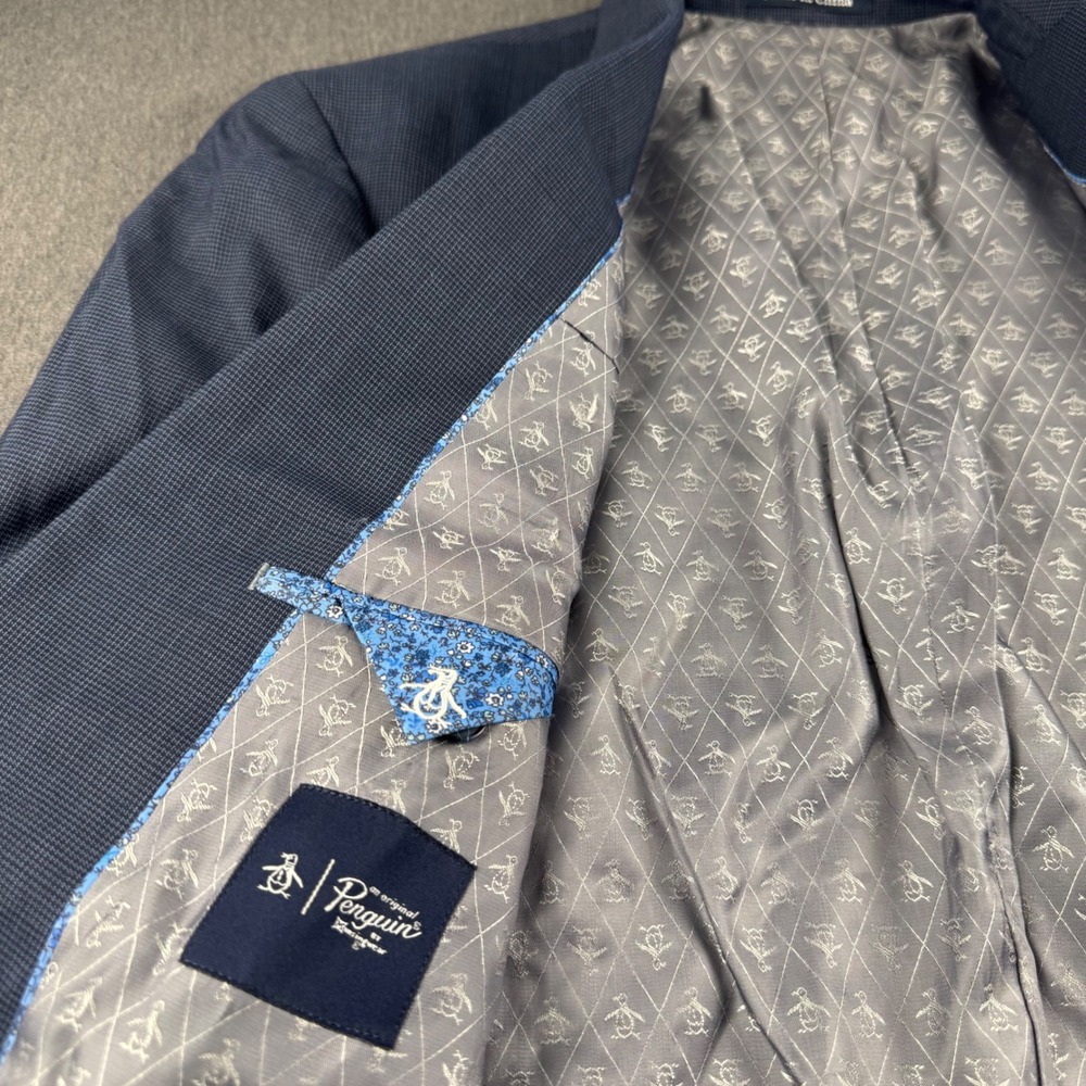 Original Penguin Mens Navy Blue Micro Check Wool Blend Sport Coat Blazer 40R